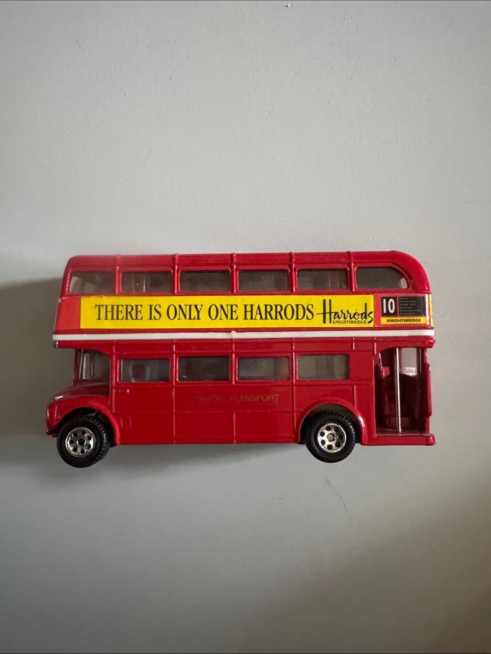 Red London Double Decker Bus Toy with Harrods Ad
